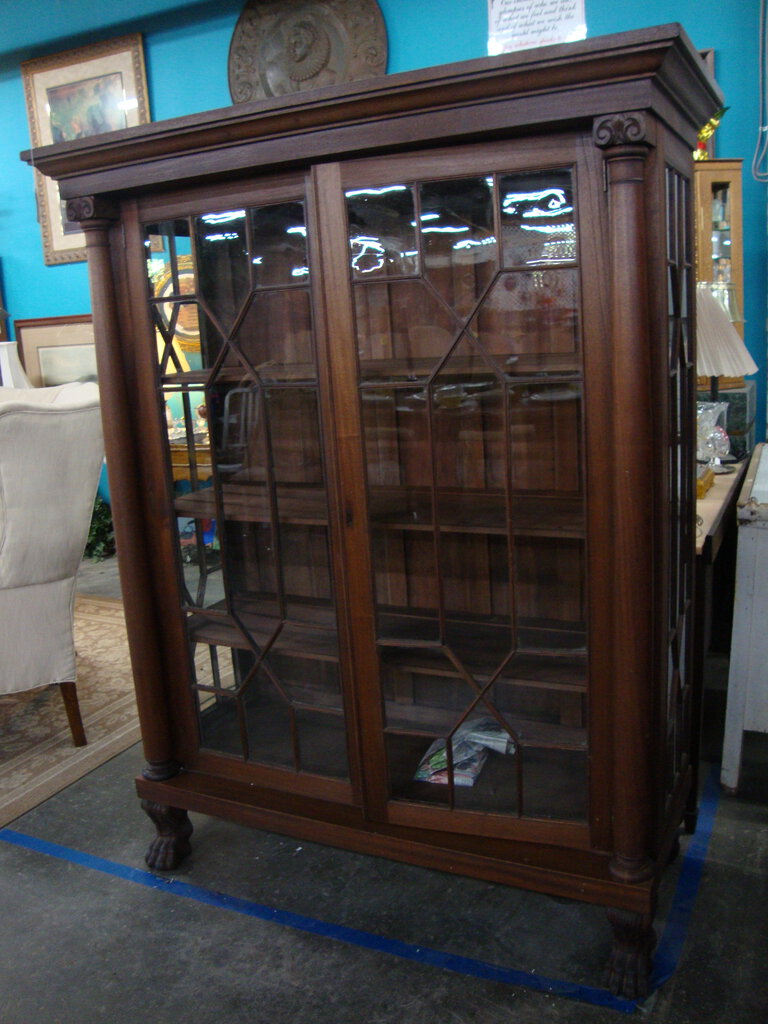 Antique Chippendale Solid Mahogany Two Door China Cabinet Claw Front Feet