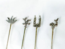Load image into Gallery viewer, Vintage Sterling Silver &amp; Brass Assorted Plants and Building Olive Picks, Set of 4
