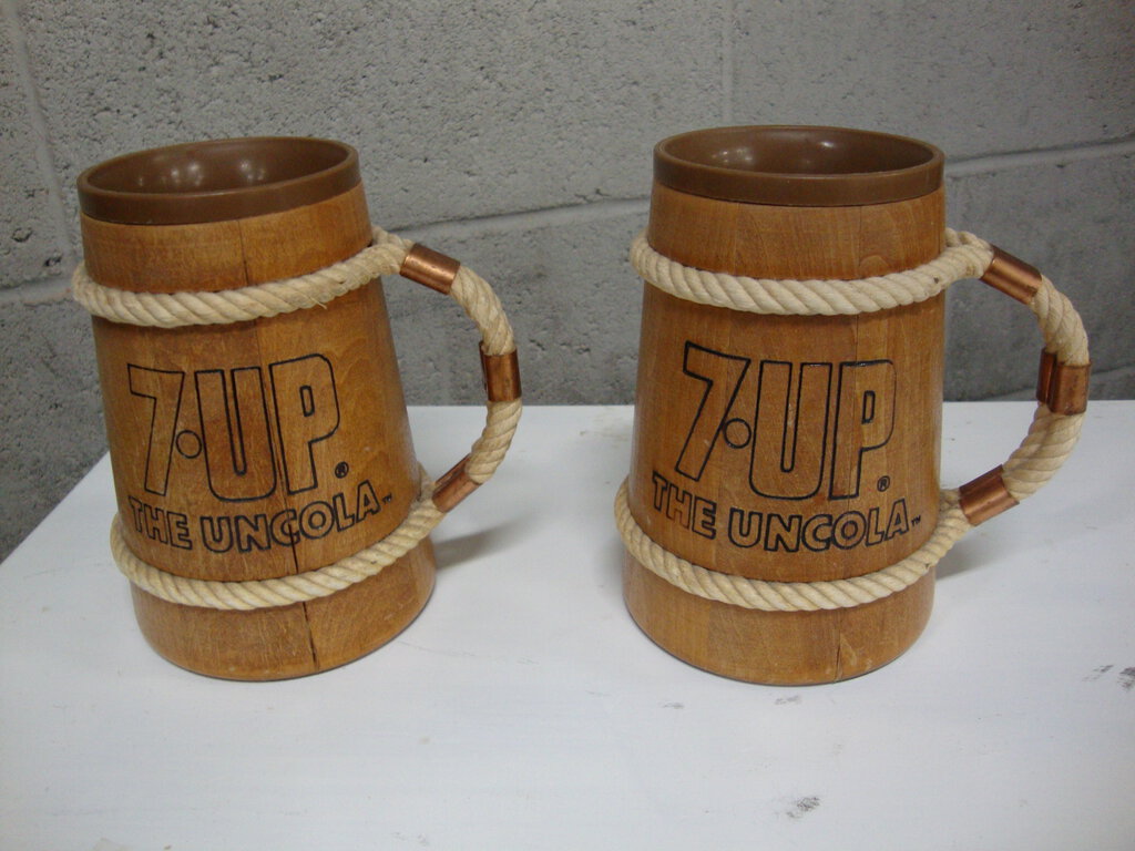 1970's 7-Up The Uncola Wood Mug with Plastic Insert and Rope Handles Pair