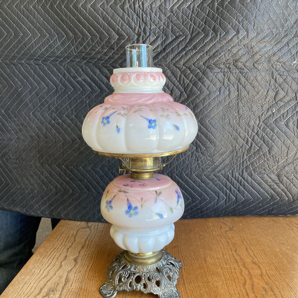 Vintage Milk Glass Handpainted Flowers Oil Kerosene Lamp on Brass Filigree Base