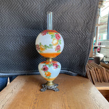 Load image into Gallery viewer, Original Antique Oil Lamp, Hand painted, Tall Chimney, 19" to top of Globe