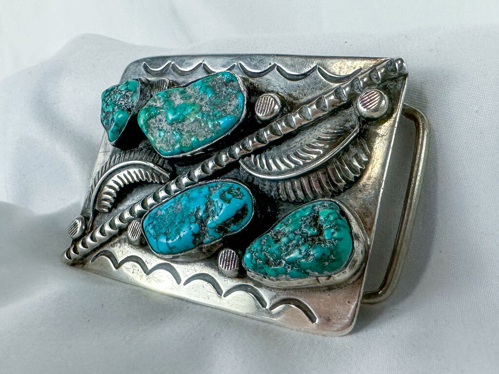 Vintage Native American Sterling Silver & Turquoise Belt Buckle (Unmarked, Tested)