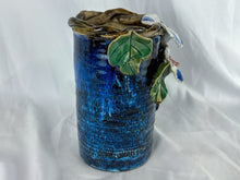 Load image into Gallery viewer, Hand-made Blue Ceramic Vase with Morning Glories, Unsigned