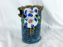 Load image into Gallery viewer, Hand-made Blue Ceramic Vase with Morning Glories, Unsigned