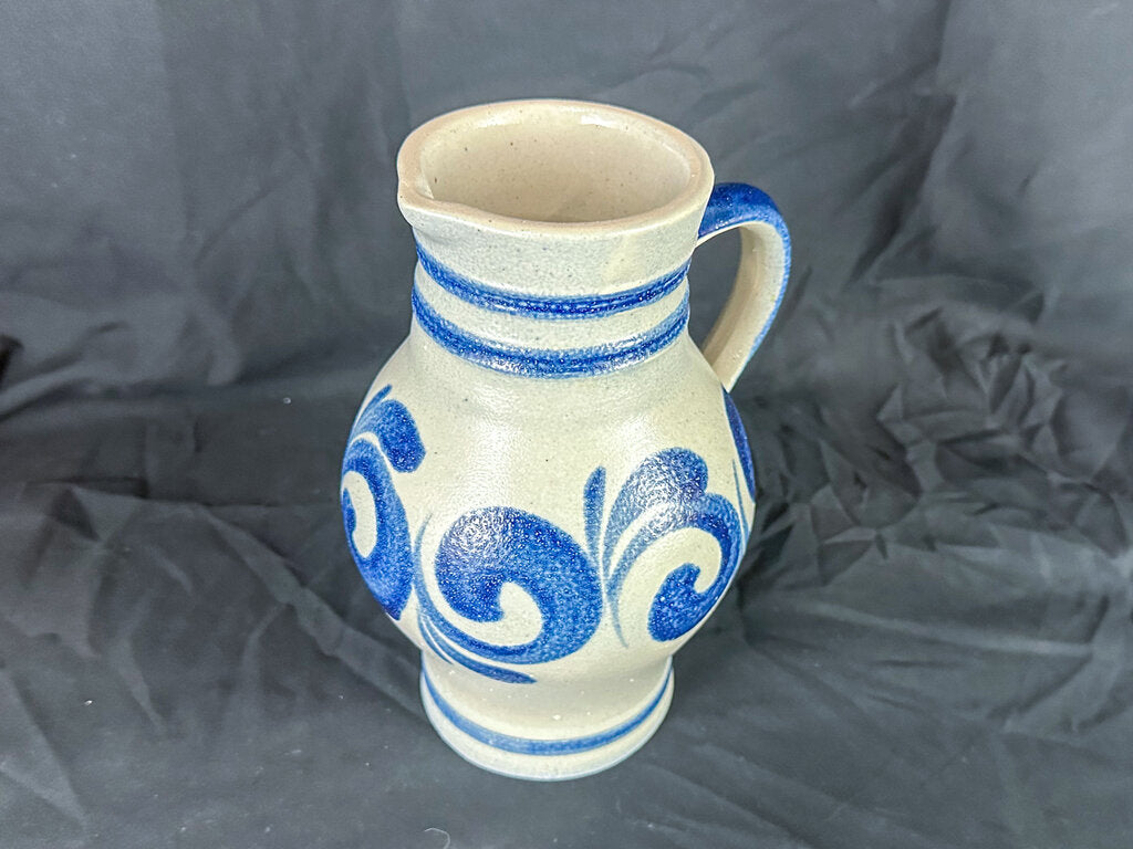 Vintage German Kleirabe Keramik Hand-Painted Blue Salt Glaze Stoneware Pitcher