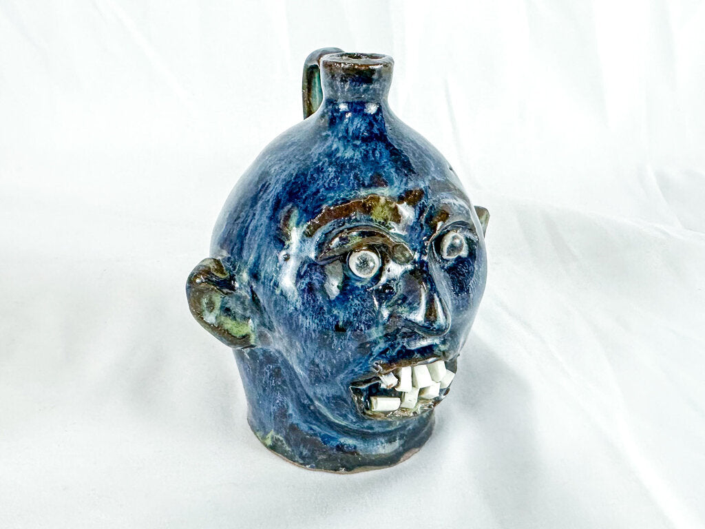 Signed Marvin Bailey Small Blue Ugly Face Jug with 8 Teeth