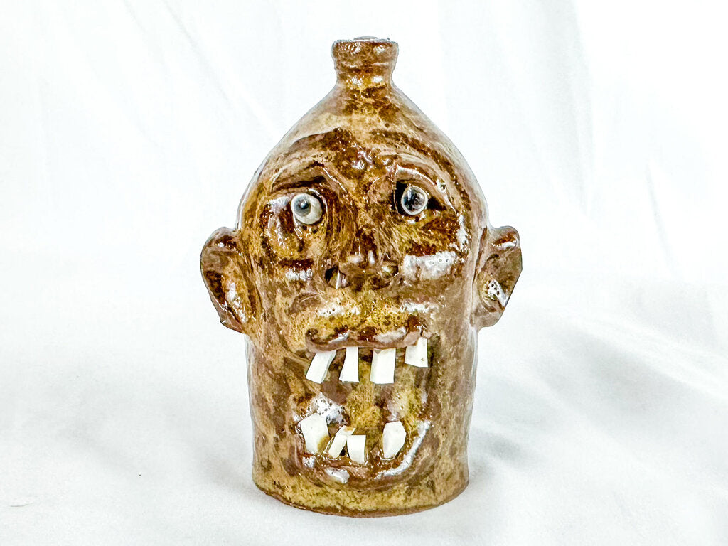 Signed Small Brown Marvin Bailey Ugly Face Jug with 8 Teeth