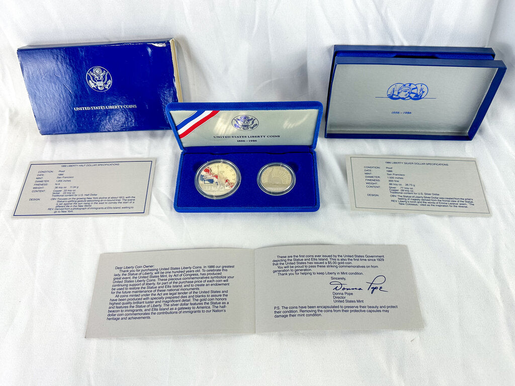 1986 Liberty Coin Silver Dollar & Half Dollar Proof Set with Display Box