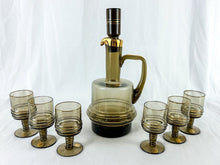 Load image into Gallery viewer, 1980s Brown Glass Gold Band Decanter &amp; 6 Glasses Set
