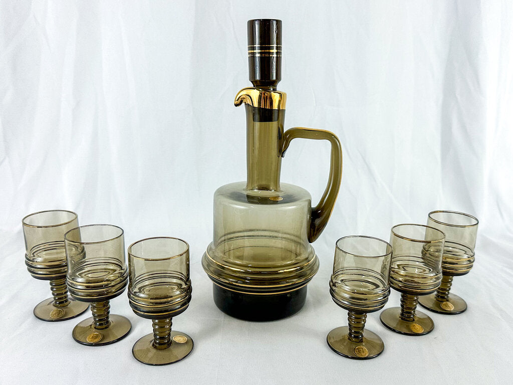 1980s Brown Glass Gold Band Decanter & 6 Glasses Set