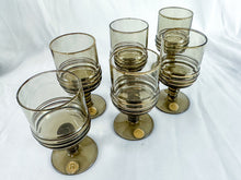 Load image into Gallery viewer, 1980s Brown Glass Gold Band Decanter & 6 Glasses Set