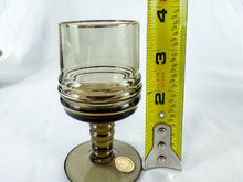 Load image into Gallery viewer, 1980s Brown Glass Gold Band Decanter & 6 Glasses Set
