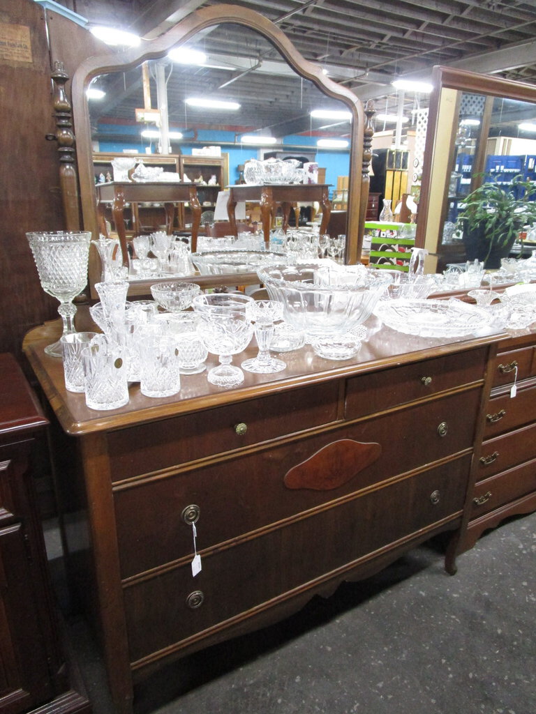 Vintage Wood Veneer Two Over Two Dresser with Attached Mirror