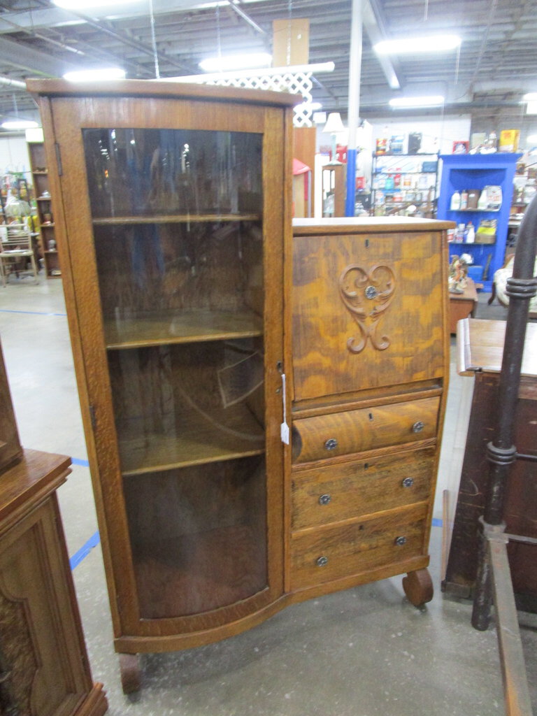 Vintage Empire Oak Secretary Curio Hutch Desk Cabinet