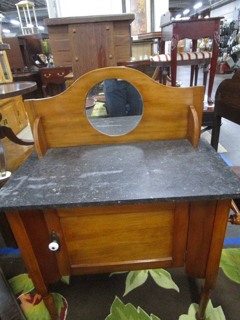 Vintage Oak with Black Marble Top Wash Stand with Round Mirror
