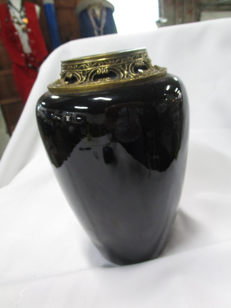 Vintage Andrea by Sadek Black Ceramic Vase with Metal Collar