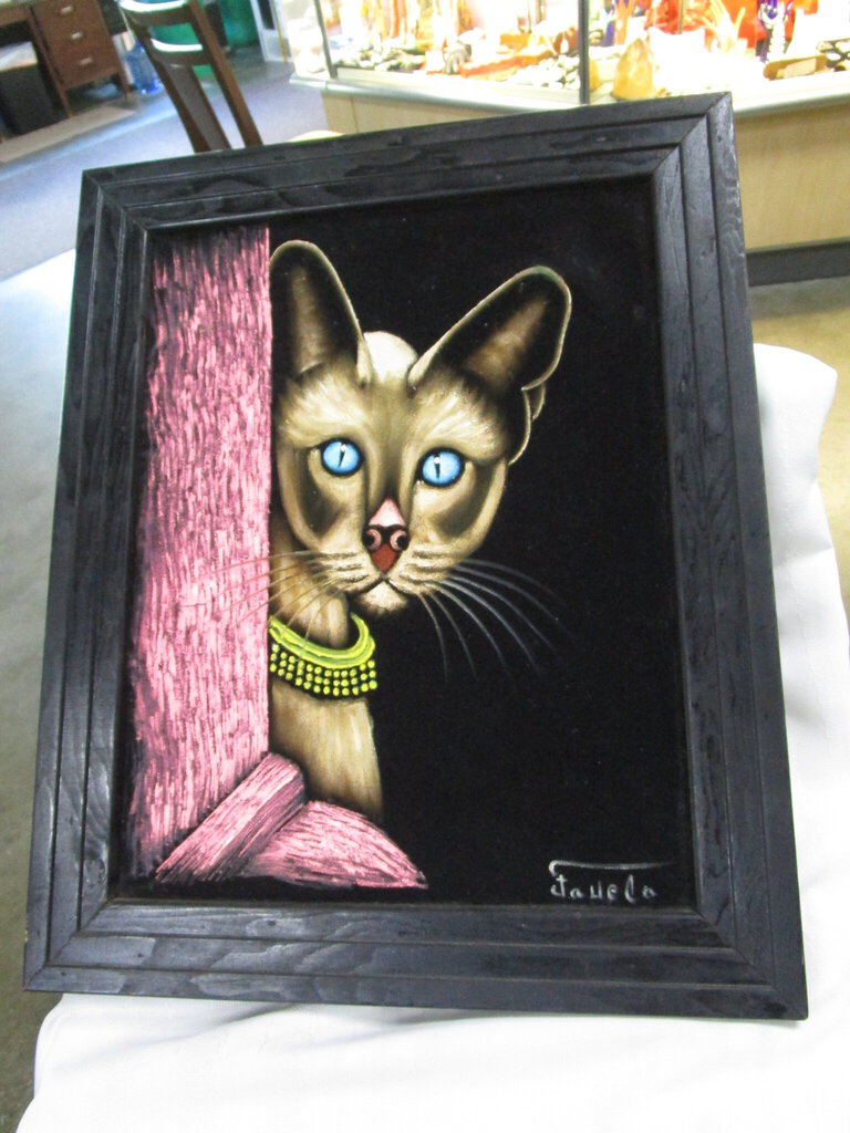 1960's Artist Signed Siamese Cat Behind Pink Curtain on Black Velvet Framed Artwork