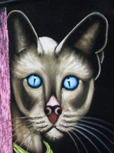 Load image into Gallery viewer, 1960&#39;s Artist Signed Siamese Cat Behind Pink Curtain on Black Velvet Framed Artwork
