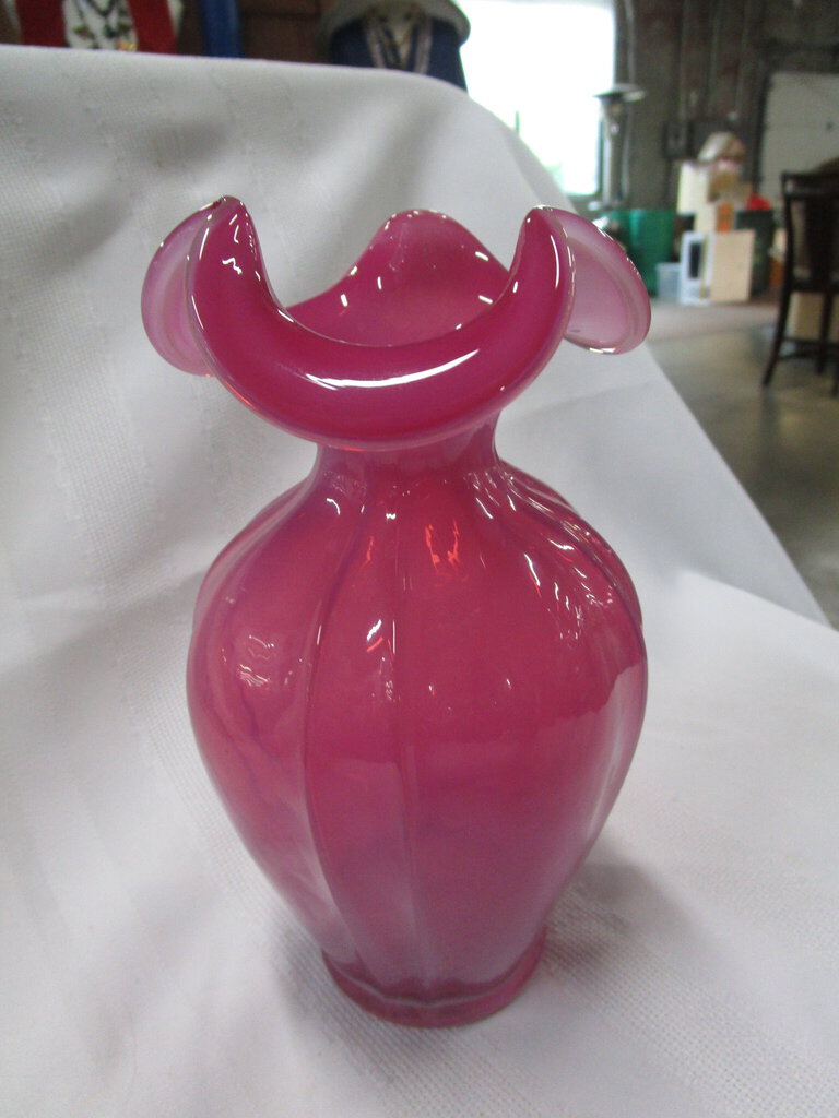 Vintage Fenton Cranberry Opalescent Glass Ruffled Vase
