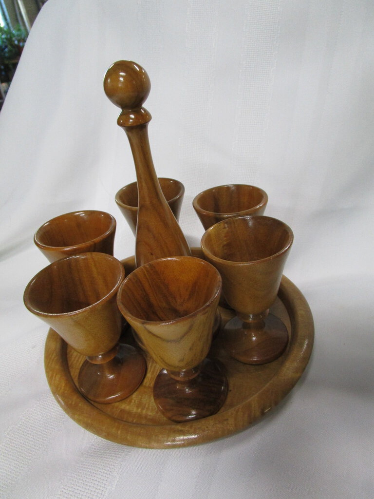 Vintage Wood Sherry Liqueur Glasses Set with Wood Carrier