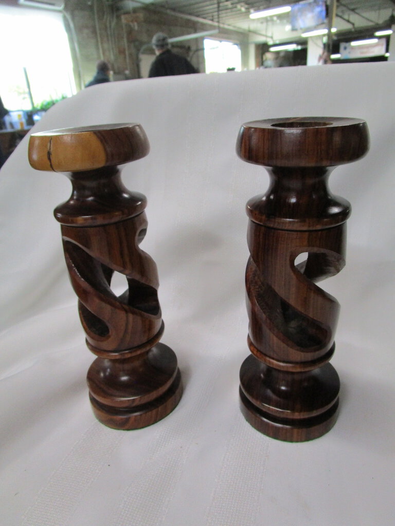 Vintage Hand Carved Wood Spiral Candleholders Set of 2