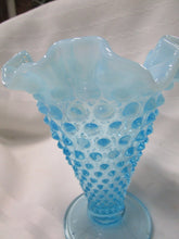 Load image into Gallery viewer, Fenton Aqua Blue Opalescent Hobnail Pedestal Ruffled Edge Vase
