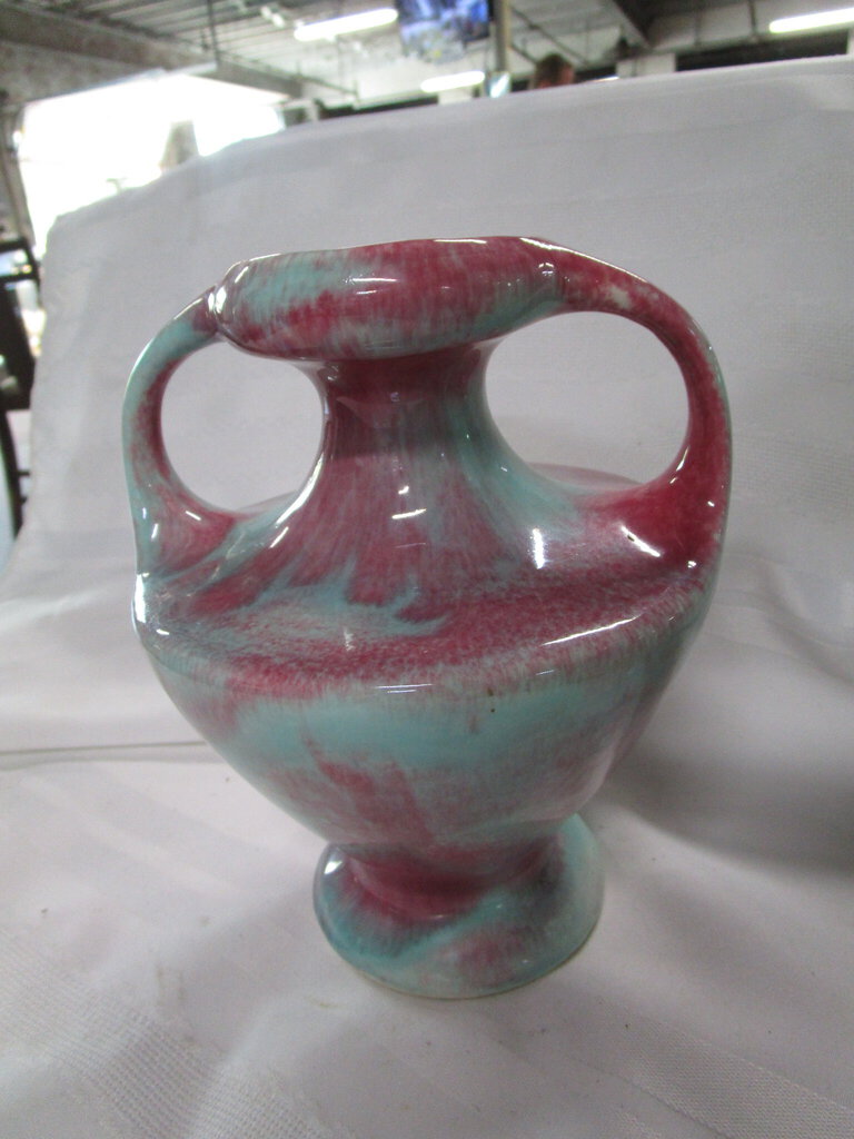MCM California Pottery 521 Mint/Pink Double Handle Ewer Vase Decor