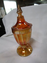 Load image into Gallery viewer, Vintage Jeanette Marigold Carnival Glass Pedestal Compote Candy Dish with Lid
