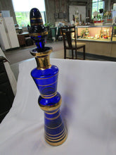 Load image into Gallery viewer, Vintage Cobalt Blue Glass with Gold Stripes Bohemian Decanter with with Stopper
