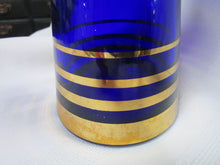 Load image into Gallery viewer, Vintage Cobalt Blue Glass with Gold Stripes Bohemian Decanter with with Stopper
