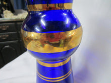 Load image into Gallery viewer, Vintage Cobalt Blue Glass with Gold Stripes Bohemian Decanter with with Stopper
