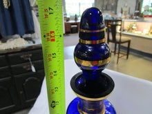 Load image into Gallery viewer, Vintage Cobalt Blue Glass with Gold Stripes Bohemian Decanter with with Stopper
