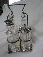 Load image into Gallery viewer, Vintage Cut Clear Glass Cruet and Condiment Set with Silverplate Table Holder
