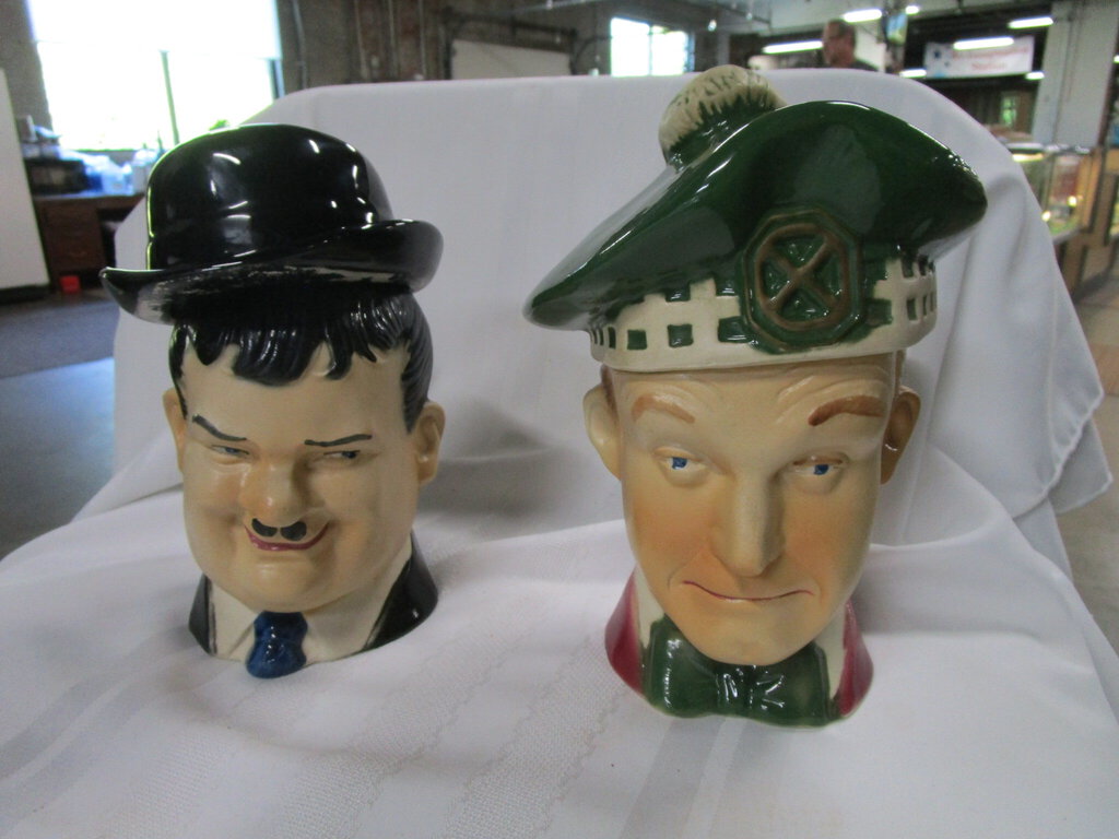 1976 Ezra Brooks Laurel & Hardy Empty Figural Whiskey Decanters Pair