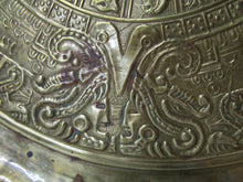 Load image into Gallery viewer, Vintage Brass Mayan Aztec Calendar with 1950's Mexican Centavos Edges Wall Plaque Footed Bowl
