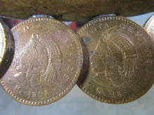 Load image into Gallery viewer, Vintage Brass Mayan Aztec Calendar with 1950's Mexican Centavos Edges Wall Plaque Footed Bowl
