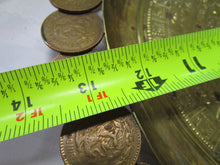 Load image into Gallery viewer, Vintage Brass Mayan Aztec Calendar with 1950's Mexican Centavos Edges Wall Plaque Footed Bowl
