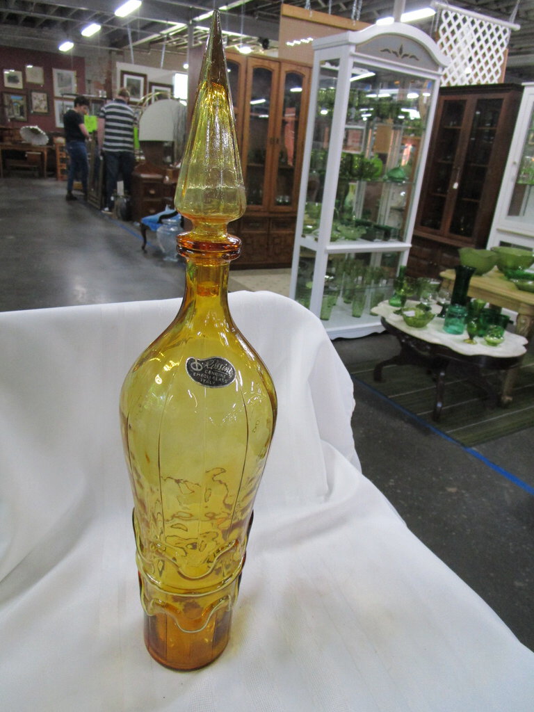 Vintage Empoli Italy Amber Glass Squiggly Glass Decanter with Flame Stopper