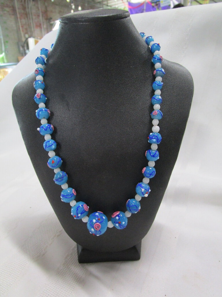 Vintage Venetian Wedding Cake Glass Bead Aqua/Pink/White Necklace