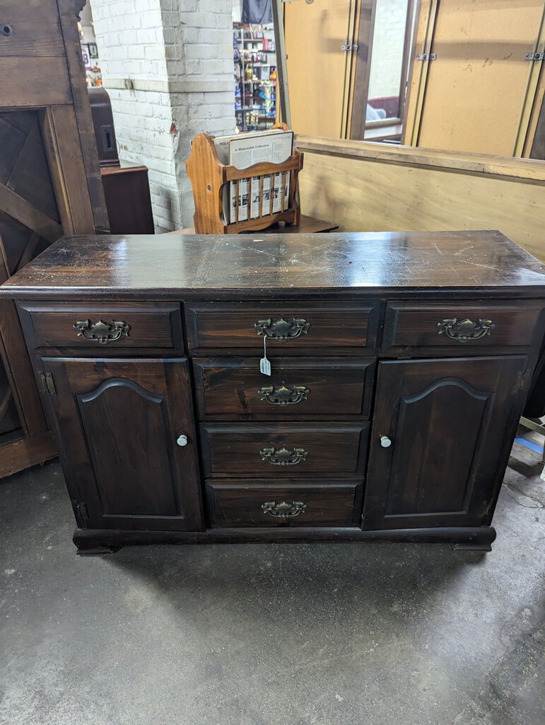 Vintage Country Rustic Dark Pine Two Door Six Drawer Server Sideboard Cabinet