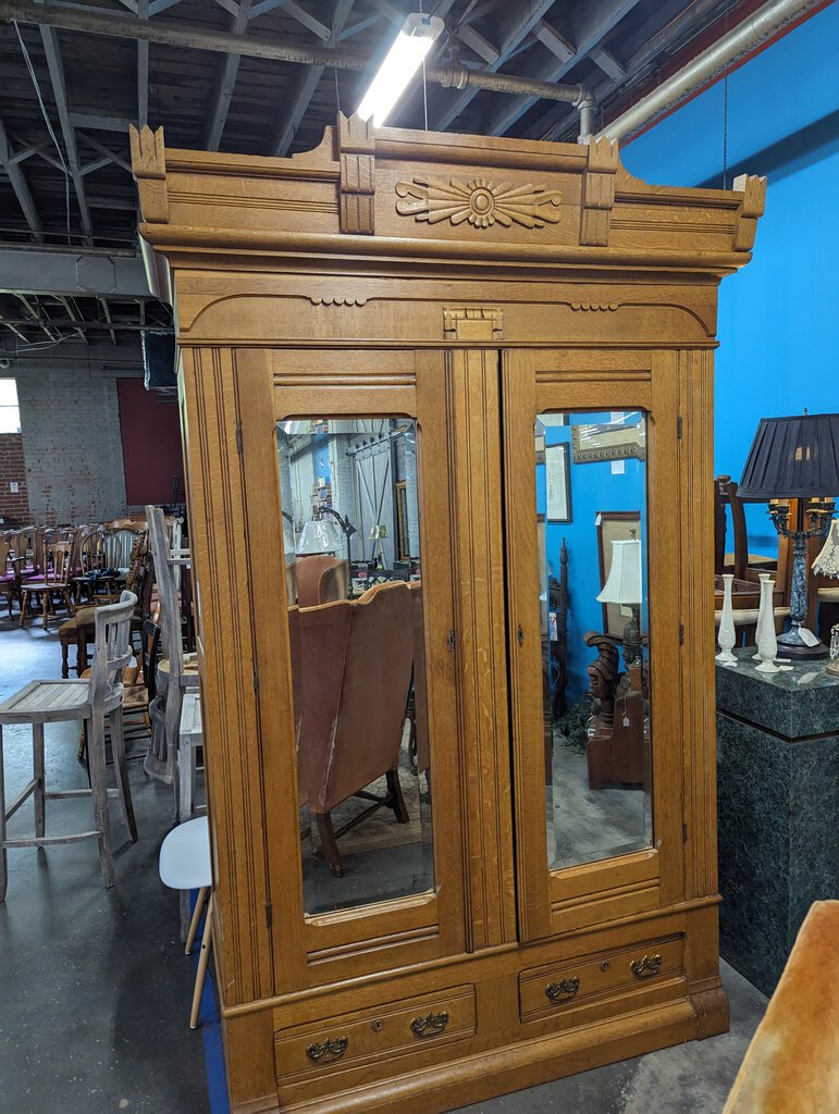 Antique Eastlake Mirrored Oak Armoire Wardrobe