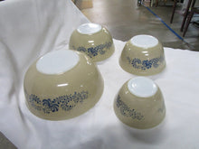 Load image into Gallery viewer, 1976 Pyrex Homestead Tan Speckled Blue Floral Nesting Mixing Bowls Set of 4
