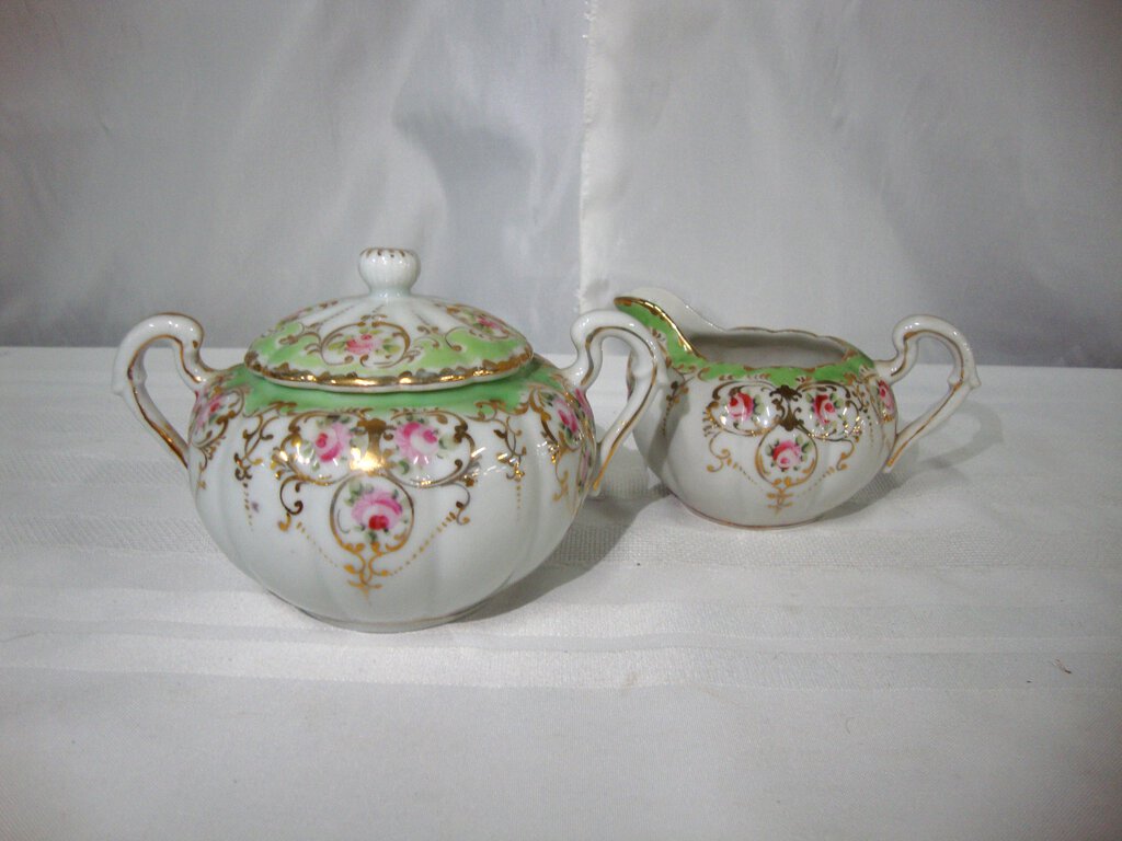 Vintage Hand-Painted Green & Gold Sugar & Creamer Set