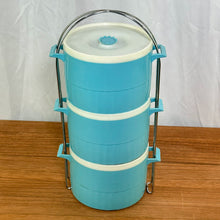 Load image into Gallery viewer, Vintage Blue &amp; White Stackable Plastic Containers with Metal Rack
