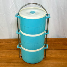 Load image into Gallery viewer, Vintage Blue &amp; White Stackable Plastic Containers with Metal Rack
