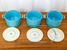 Load image into Gallery viewer, Vintage Blue &amp; White Stackable Plastic Containers with Metal Rack
