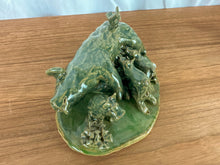 Load image into Gallery viewer, Signed Lynn Bailey &quot;Green Mama Pig with Piglet Pile&quot; Ceramic Sculpture
