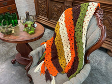 Load image into Gallery viewer, Vintage Handmade Crochet Fringe Blanket - 70s color scheme, 46"x62"
