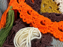Load image into Gallery viewer, Vintage Handmade Crochet Fringe Blanket - 70s color scheme, 46"x62"
