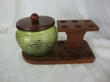 Load image into Gallery viewer, Vintage 6 Pipe Holder with Green Glass Humidor with Wood Lid
